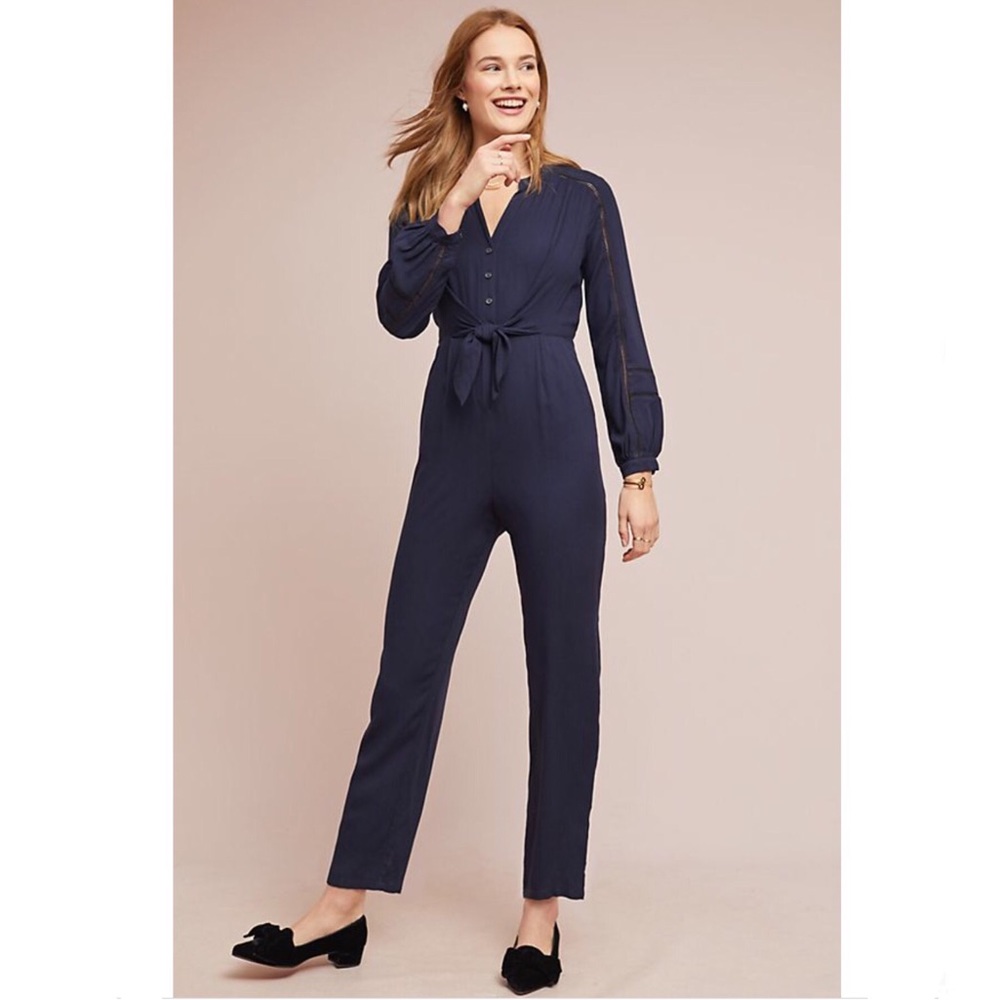 Anthro Greylin Tie-Waist Long Sleeve Jumpsuit Sz M